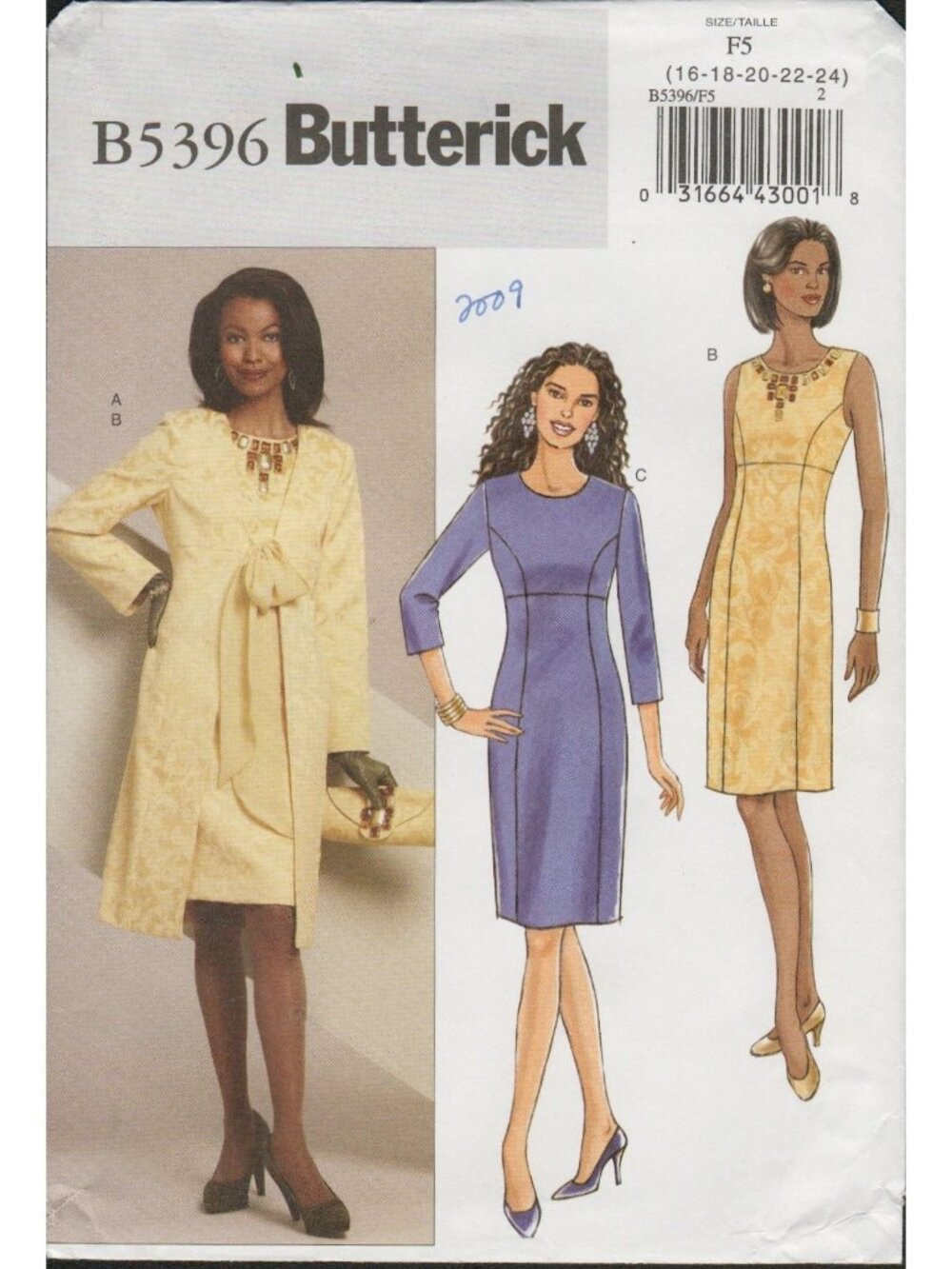 Butterick 5396 Tie Front Coat & Empire Waist Sheath Dress Size 16-24 Uncut